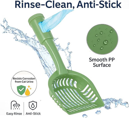 2-in-1 Pooper Scooper with Bag Attachment, Cat Litter Shovel Scoop with Bag, Built-in Dispenser, Includes Trash Roll, Rinse-Clean, Anti-Stick, Smart Sifter, Long Handle (Green)