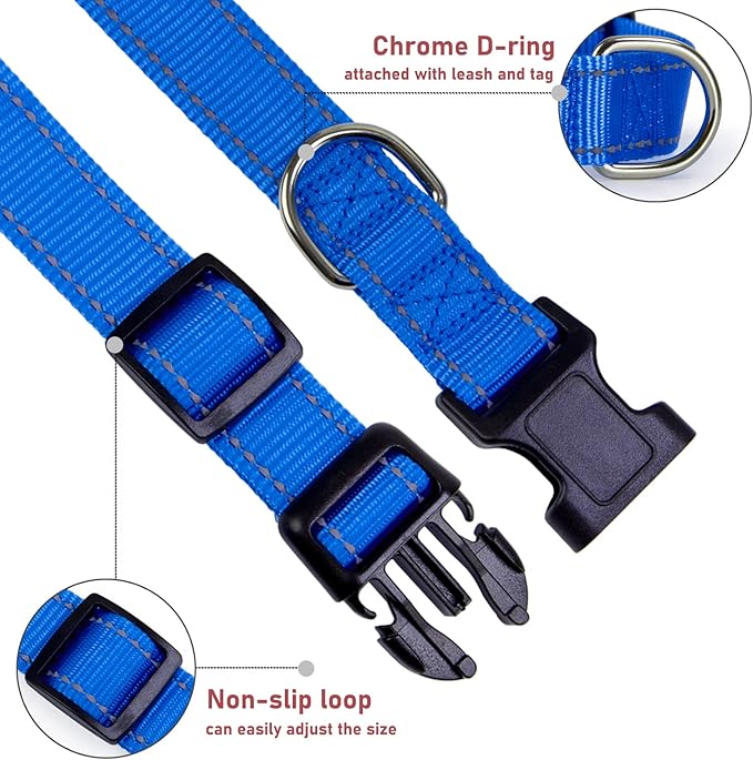 Reflective Dog Collar with Buckle Adjustable Safety Nylon Collars for Small Medium Large Dogs, Navy Blue XXS