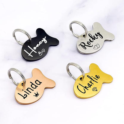 Ultra Joys Cat ID Tag Personalized Pet Tags, Durable Stainless Steel Small Pet Mini Dog Cat Tag Lightweight - Fish Tag in Rose Gold