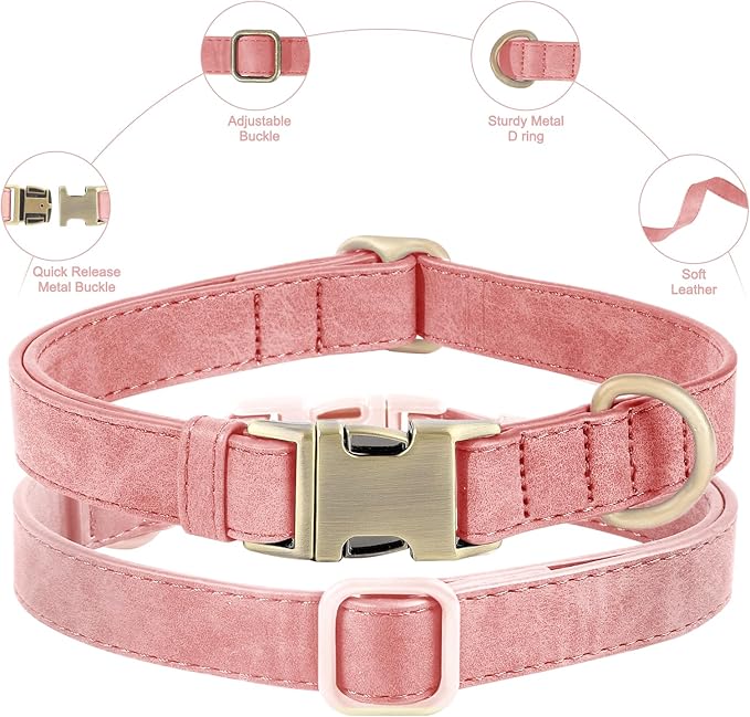 Genuine Leather Dog Collar - Adjustable Pet Collar with Quick Release Metal Buckle, Soft Skin Friendly Real Leather Collar for Small, Medium, Large Dogs (Pink Collar + Rope, M：Fit 12-20" Neck)