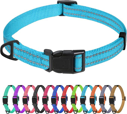 TagME Reflective Nylon Dog Collars, Adjustable Classic Pet Collar with Quick Release Buckle for Extra Small Dogs, Sky Blue, 5/8" Width