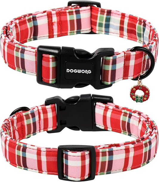 DOGWONG Christmas Dog Collar,Red Plaid Dog Collars, Adjustable Red Checkered Pet Collars Christmas Dog Collar for Small Medium Large Dogs
