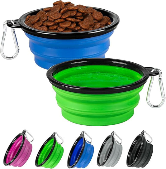 Collapsible Dog Bowls for Travel, 2-Pack Dog Portable Water Bowl for Dogs Cats Pet Foldable Feeding Watering Dish for Parking Camping Walking with 2 Carabiners Clip (12oz, Small, Blue+Green)