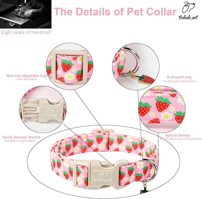 Cute Spring/Summer Dog Collar, Adjustable Pink Strawberry Dog Collars for Small Dogs, Lightweight Quick-Release Buckle Collar for Boy&Girl Dogs S