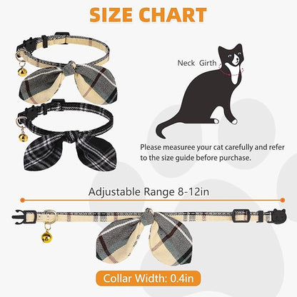 KOOLTAIL Cat Collar Breakaway with Bowtie and Bells, 2 Pack Cute Kitten Collars for Boys & Girls, Classic Plaid Design with Safety Buckle Adjustable for Small Large Cats Puppy,Black & Beige
