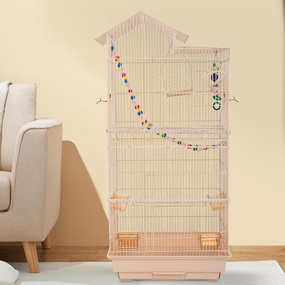 FDW 39 Inch Bird Cage Parakeet Cage with Play Top Rolling Stand & Easy Clean Pull-Out Tray Roof Top Parrot Cage for for Finches Canaries Parakeets Cockatiels & Other Small Birds, Almond