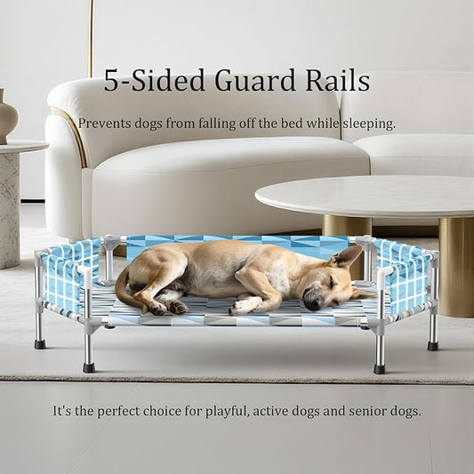 Elevated Dog Bed with Guardrail, Cooling Outdoor Pet Cot with 5-Sided Fence，Raised Dog Cot with 6-Metal Frame