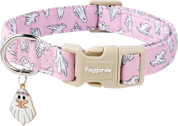 Faygarsle Pink Ghost Pattern Dog Collar with Charm, Halloween Pet Necklace, Adjustable Collar for Small Medium Large Dogs XS