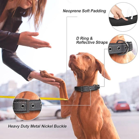 PetiFine Dog Collars for Medium Dogs, Neoprene Padded and Adjustable, Reflective Wide Heavy Duty Pet Collars with Durable Metal Belt Buckle for Walking, Black, M