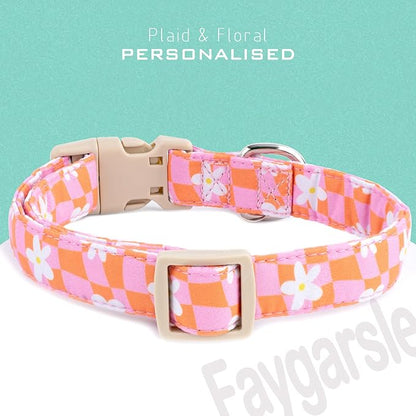 Faygarsle Floral Dog Collar, Pink and Orange Pattern with White Flowers, Spring Summer Design for Small Medium Large Dogs L