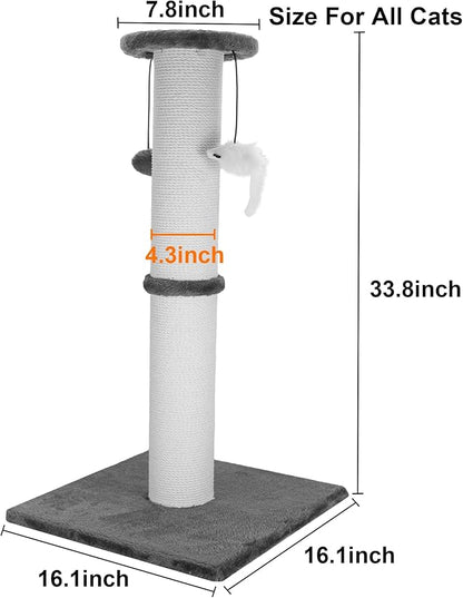 Cat Scratching Post 34 Inches Heavy Duty and Thicker Cat Scratching Post Cotton Rope with Hanging Ball and Mice Scratching Post for Indoor Cats and Adult(Grey)