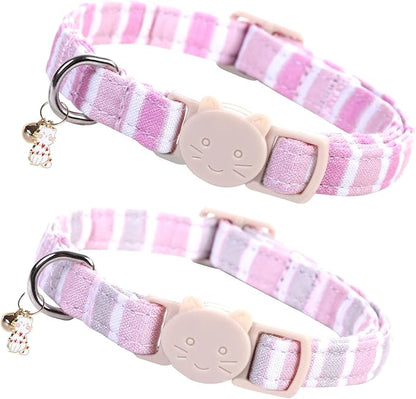 Elegant little tail 2 Pack Cat Collar-Pink Strip Cotton Breakaway Cat Collars with Bell Pendant Kitten Girl Safety Adjustable Collar for Small Cats Puppy