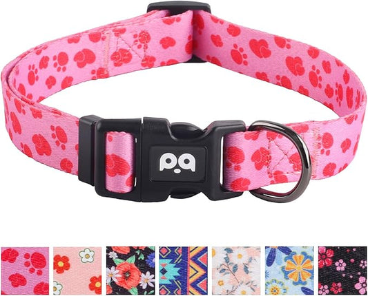 QQPETS Adjustable Soft Dog Collar: Print Flower Pink Multicolor Cute Patterns for XS Small Medium Large Pet Girl Boy Puppy Walking Running Training