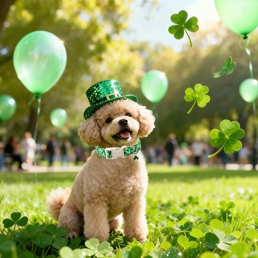 St. Patrick's Day Dog Collar for Large Dogs - Green Shamrock & Yellow Flower Print Dog Collars, Cute Irish Party Puppy Collar, Lightweight Adjustable St. Patricks Day Pet Collars L