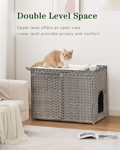 Cat Litter Box Enclosure Furniture, Handwoven Rattan Hidden Litter Box with Mat, Large Space Cat House with 2 S-Shaped Hooks 30.3 x 18.3 x 24.4 Inches, Indoor for Living Room Apartment Gray