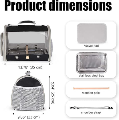 Bird Carrier, Portable Small Bird Cockatiel Conure Parrot Parakeet Carrier with Standing Perch and Stainless Steel Tray, Side Access Window Collapsible (Black, Cylinder Design - Clear)
