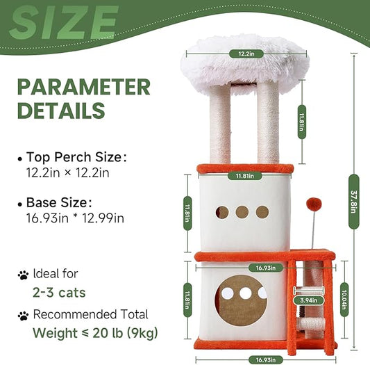 37.4-inch Cat Tree, Cat Tree Tower with Twin Cat Condos for Indoor Cats, Plush Cat House with Padded Perch, Scratching Ladder and Posts and Plush Balls for Kitty Play, Orange