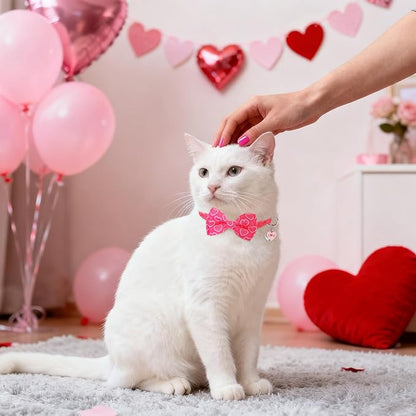 SCENEREAL Valentine's Day Cat Bandana Collars with Bell Bowtie - 2 Pack Breakaway Pink Kitten Collars, Adjustable Cute Love Heart Pet Accessories for Cats Small Dogs