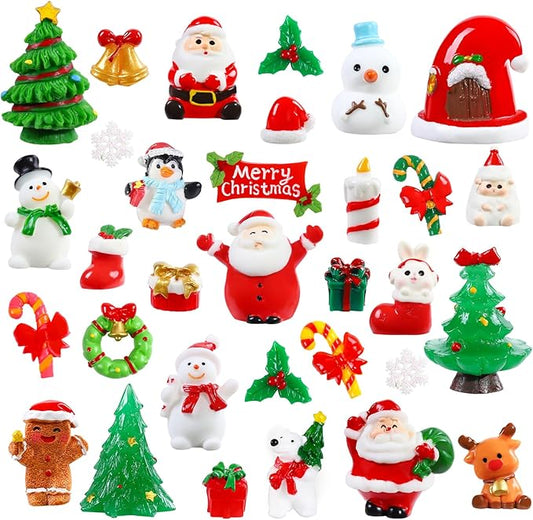 DIYDEC 32Pcs Christmas Miniature Figurines, Mini Resin Figurines to Hide Small Resin Santa Claus Snowman Xmas Trees Animals for Xmas Goodie Bag Fillers Winter New Year Holiday Party Favors Decorations
