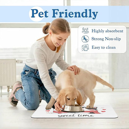 Sweet Cat Lovers Dog Cat Food Mat–Christmas Stocking Absorbent Waterproof Placemat for Food and Water Bowls, Non Slip Rubber Backing, Feeding Mat for Clean Floors 16"x24"