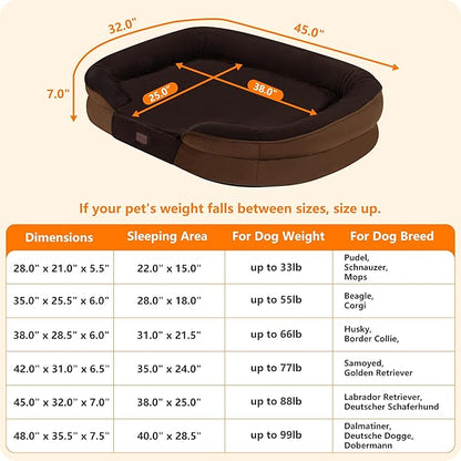 Dwanton Orthopedic Dog Bed for Extra Large Dogs with Gel Memory Foam, Waterproof Dog Sofa, Washable Pet Bed with Four Sided Bolster Cushion, Removable Cover & Non-Slip Bottom, 45", Brown