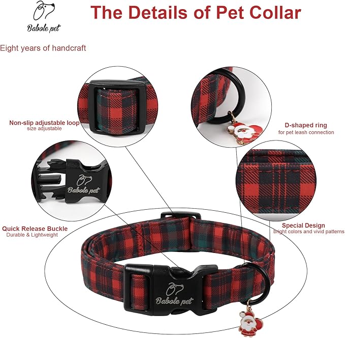 Christmas Dog Collar for Puppy Small Dogs - Vintage Red Green Tartan Christmas Collars for Dogs, Soft Adjustable Winter Holiday Dog Collars with Quick Release Buckle XS
