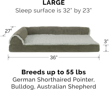 Furhaven Orthopedic Dog Bed for Large/Medium Dogs w/ Removable Bolsters & Washable Cover, For Dogs Up to 55 lbs - Two-Tone Plush Faux Fur & Suede L Shaped Chaise - Dark Sage, Large
