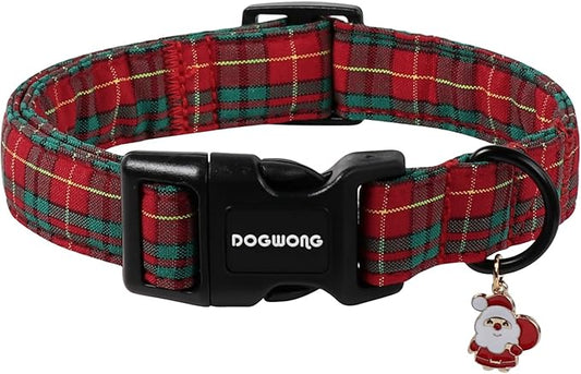 DOGWONG Christmas Plaid Dog Collar- Adjustable Red Tartan Collar, Scottish Red Grid Dog Collar with Strong Plastic Buckle for Small Medium Large Dogs,M