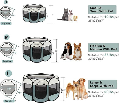 Medium Dog Cat Playpen, Puppy Pet Playpen Indoor for Dog Crate Tent Cage Outdoor, Portable Pop Up Dogs Enclosure Kennel with Carrying Case for Dogs/Cats/Rabbits (Grey with Pad, Medium)