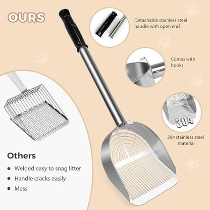 Cat Litter Scoop Deep Shovel, Detachable Long Handle Litter Scooper, Metal Cat Litter Scoop, Stainless Steel Cat Litter Scoop, Kitten Pooper Lifter, Kitty Metal Scooper with Holder Strip Hole