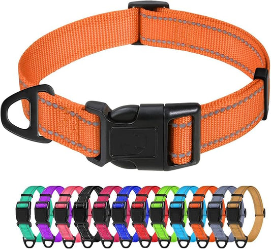 TagME Reflective Nylon Dog Collars, Adjustable Classic Pet Collar with Quick Release Buckle for Small Dogs, Orange, 3/4" Width