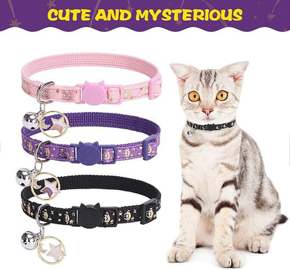 PUPTECK 3 Pack Cat Collar with Bells Breakaway - Luminous Safety Small Kitten Collar Adjustable Moon Star Pink Black Purple, 8-12 in