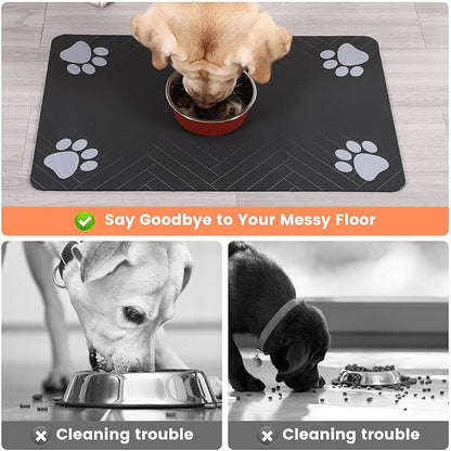 Pet Feeding Mat-Absorbent Pet Placemat for Food and Water Bowl, with Waterproof Rubber Backing, Quick Dry Water Dispenser Mat for Dog and Cat (24"x16", Striped Dark Gray)
