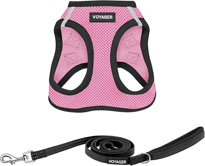 Best Pet Supplies Voyager Step-in Air All Weather Mesh Harness and Reflective Dog 5 ft Leash Combo with Neoprene Handle, for Small, Medium and Large Breed Puppies - Pink Base, XS