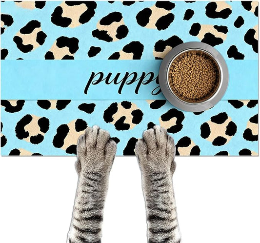 Puppy Feeding Mat 20x12 inch Blue Leopard Print Dog Bowl Placemat Non Slip Mat for Pet Food and Water Small Dog Feeding Area Indoor Puppy Food Station Pet Meal Mats for Kitchen Floor Use