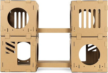 Navaris Modular Cardboard Cat House - DIY Corrugated Cardboard Configurable Play Tower Condo for Small Cats, Kittens, Rabbits - 4 Cubes with 2 Bridges