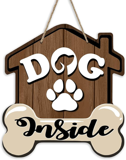 Dog Inside Front Door Sign, Doghouse Bone Paw Prints Wood Door Hanger Outdoor Outside Porch Decor, Farmhouse Wooden Wreath Indoor Wall Hanging Decoration Pet Owner Lover Gift