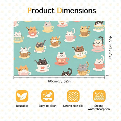 Cat Feeding Mat 24x16 inch Teacup Kitten Print Pet Bowl Placemat Non Slip Floor Mat for Food and Water Indoor Kitty Feeding Station Cute Meal Pad for Small Pets Kitchen Use