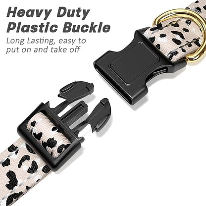 Reflective Dog Collar for Large Dogs, Cute Leopard Style Adjustable Heavy-Duty Nylon Puppy Collar for Boy and Girl Female, Soft Pet Accessories with Quick Release Buckle, Beige