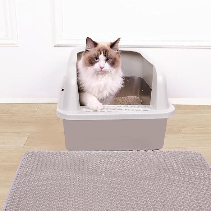 Henkelion Stainless Steel Cat Litter Box with Lid, 24" L x 16" W x 11.8" H, Extra Large Litter Box for Big Cats with High Sided, Anti-Urine Leakage, Easy Cleaning, Include Cat Mat and Scoop