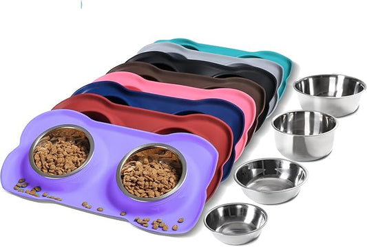 Hubulk Pet Dog Bowls 2 Stainless Steel Dog Bowl with No Spill Non-Skid Silicone Mat + Pet Food Scoop Water and Food Feeder Bowls for Feeding Small Medium Large Dogs Cats Puppies (Small, Purple)