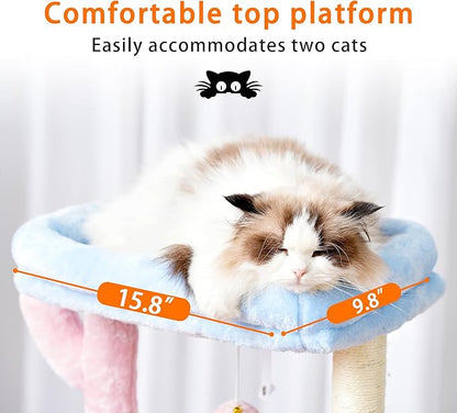 Heybly Cat Tree, 39.4 Inches Tower Condo with Scratching Post, Cat Tower for Indoor Cats, Fully Wrapped Sisal Pole, Soft Platform, 2 Baskets and Dangling Toy, Blue and Pink HCT006SBP