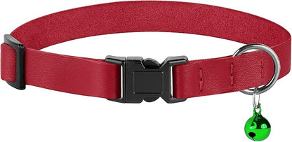 Breakaway Cat Collar with Bell - Leather Adjustable Kitten Collars with Safety Quick Release Buckle - Soft Small Pet Collars for Girl & Boy Cats (Red)