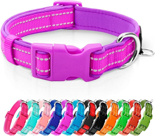 azuza Reflective Dog Collar,Soft Neoprene Padded Pet Collar with ID Tag Ring,Adjustable for Medium Dogs,Purple,M