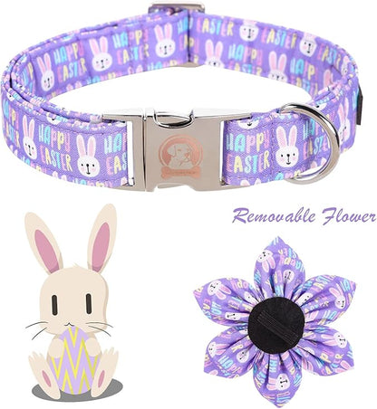MR. CHUBBYFACE Easter Dog Collar, Purple Rabbit Pet Collar with Flower, Adjustable Puppy Collar Bowtie for Small Medium Large Dogs