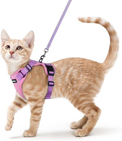 rabbitgoo Cat Harness and Leash for Walking, Escape Proof Soft Adjustable Vest Harnesses for Cats, Easy Control Breathable Reflective Strips Jacket, Pink & Purple, XS