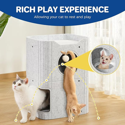 Cat House for Indoor Cats, 2-Storey Cat Bed Cave, Felt Cat Hideaway Condo with Resistant Scratching Freedom Kitten Cube for Multicats Light Gray