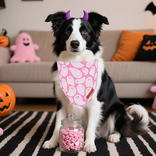 ADOGGYGO Pink Halloween Dog Bandanas 2 Pack, Reversible Ghost Pumpkin Scarf Bib, Adjustable Fit Pink Halloween Bandana for Medium Large Dogs Girl (Large)