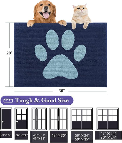Buganda Dog Door Mat for Muddy Paws, Absorbent Dirt Trapper Washable Indoor Doormats, Non Slip Low-Profile Mud Mat for Dogs, Front Entrance Doormat for Inside Floor (30x20 Inches, Dark Blue)