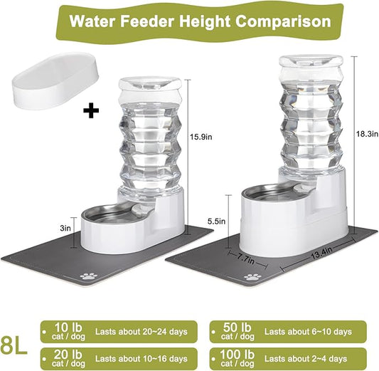 RIZZARI Automatic Pet Waterer, Gravity Stainless Steel Water Dispenser, 100% BPA-Free, Large Capacity Water Feeder for Cats and Small and Medium-Sized Dogs (8L, Bright White)